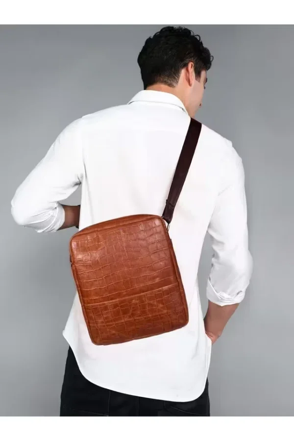 SASSORA687_TAN_alt8 Eefa Animal Print Pure Leather Zipper Closure Men's Sling Bag